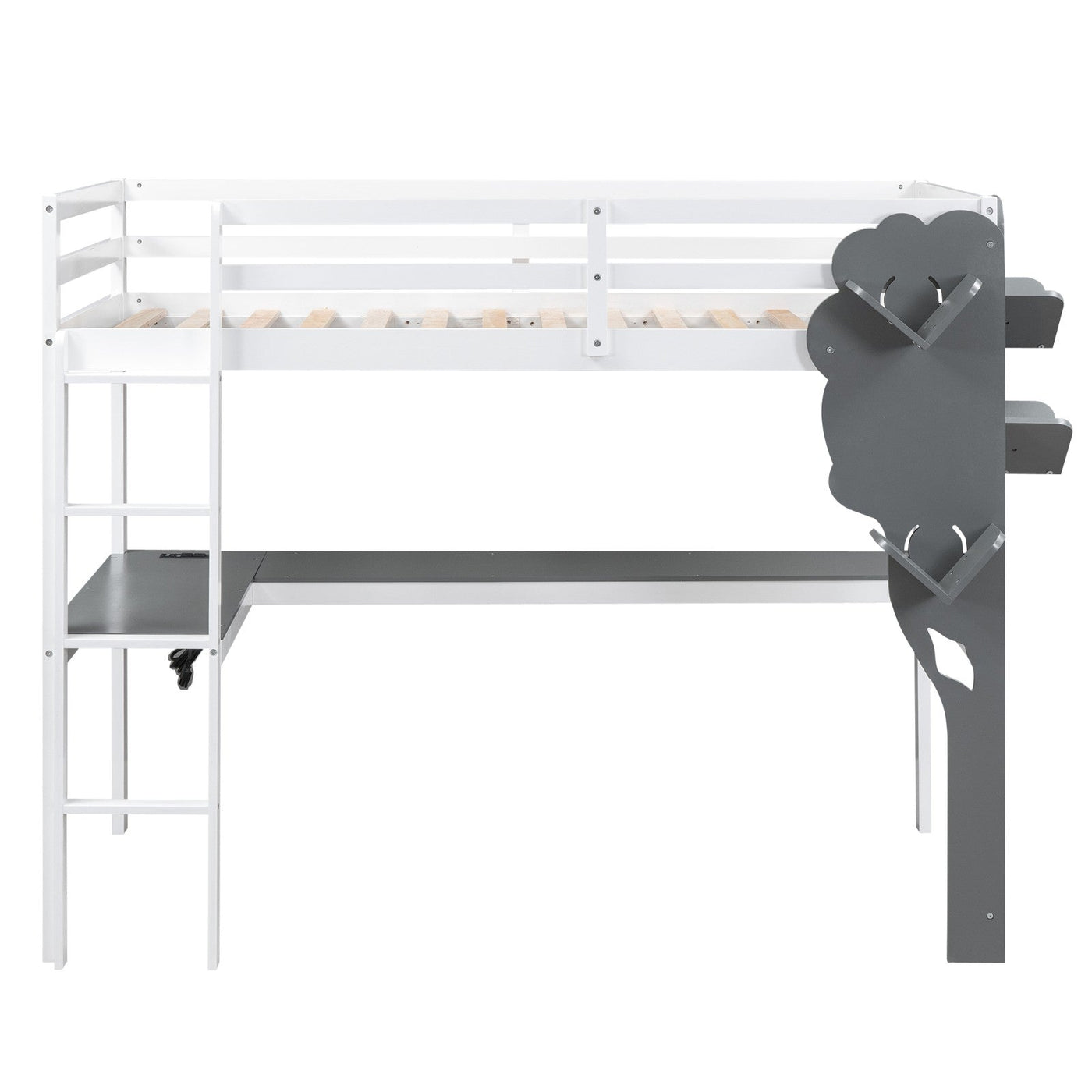 Twin Size Loft Bed With Desk Tree Bookcase Charging Station