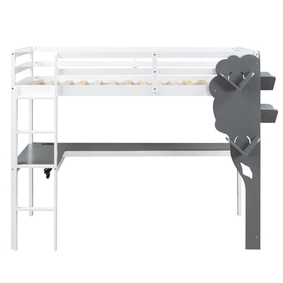 Twin Size Loft Bed With Desk Tree Bookcase Charging Station