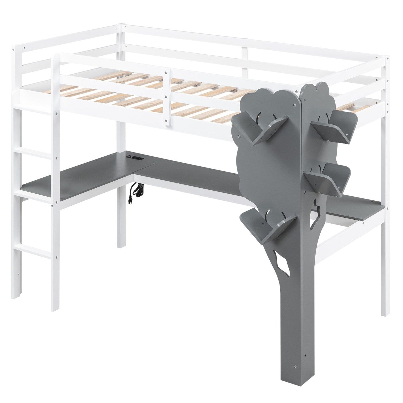 Twin Size Loft Bed With Desk Tree Bookcase Charging Station