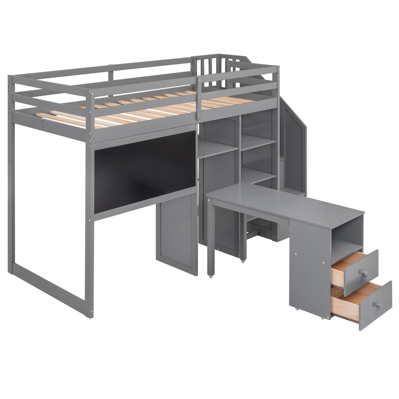 Twin Size Loft Bed With Desk Storage Shelves Staircase Blackboard