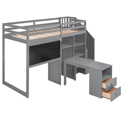 Twin Size Loft Bed With Desk Storage Shelves Staircase Blackboard