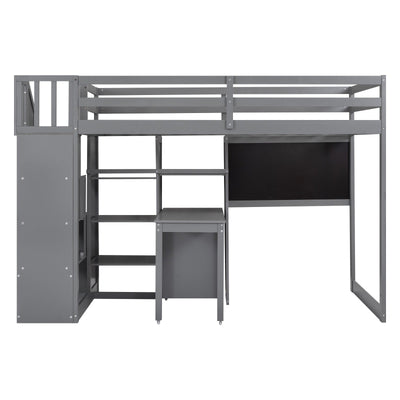 Twin Size Loft Bed With Desk Storage Shelves Staircase Blackboard