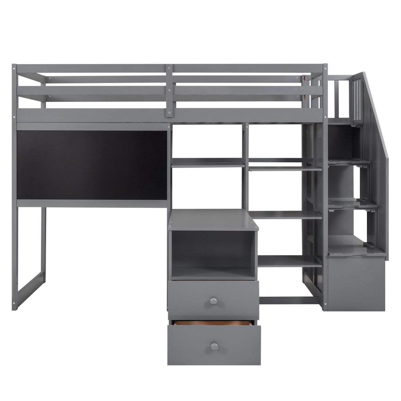 Twin Size Loft Bed With Desk Storage Shelves Staircase Blackboard