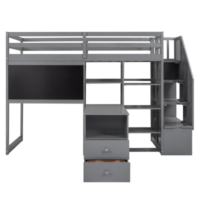 Twin Size Loft Bed With Desk Storage Shelves Staircase Blackboard