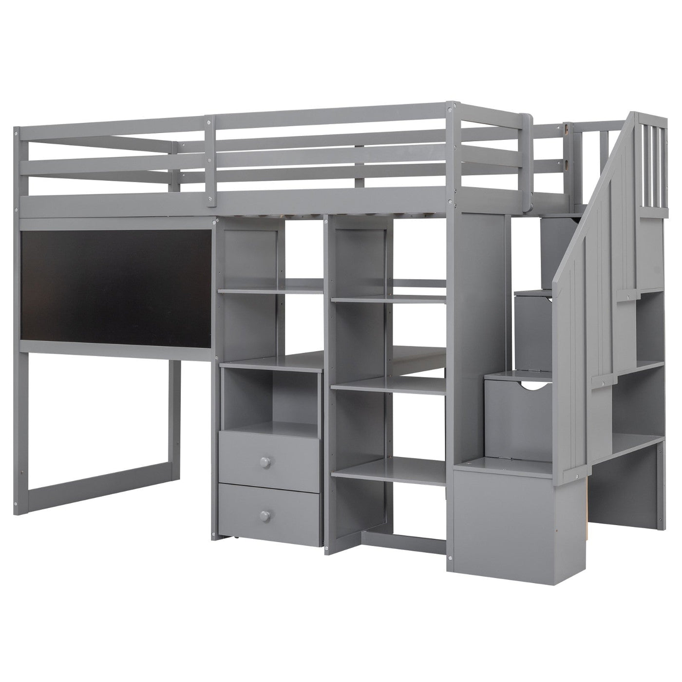 Twin Size Loft Bed With Desk Storage Shelves Staircase Blackboard