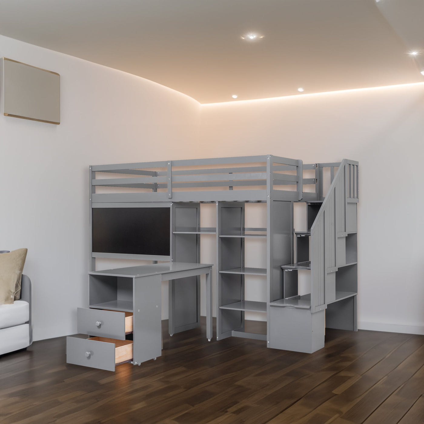 Twin Size Loft Bed With Desk Storage Shelves Staircase Blackboard