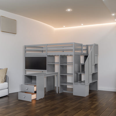 Twin Size Loft Bed With Desk Storage Shelves Staircase Blackboard