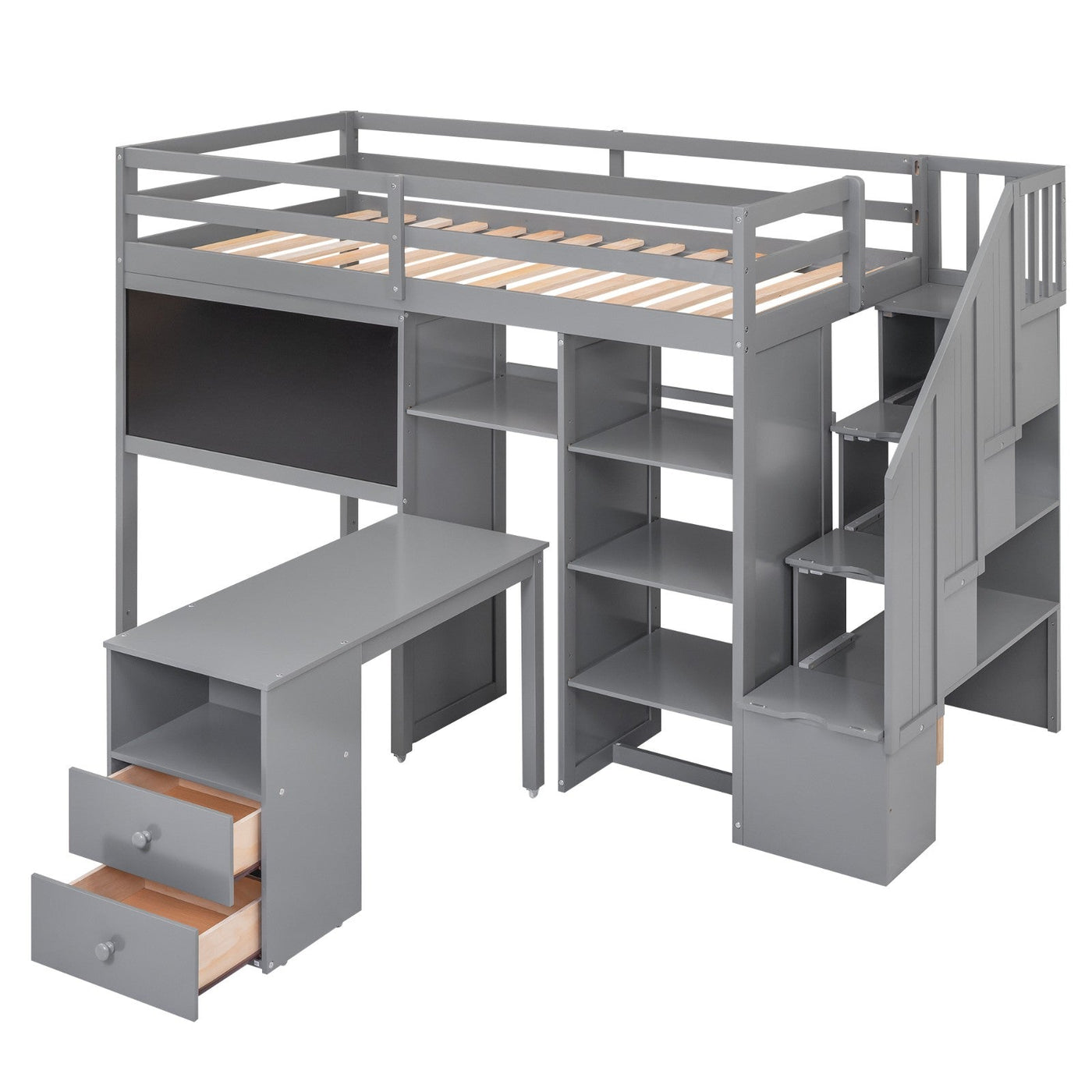 Twin Size Loft Bed With Desk Storage Shelves Staircase Blackboard