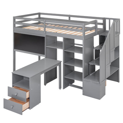 Twin Size Loft Bed With Desk Storage Shelves Staircase Blackboard