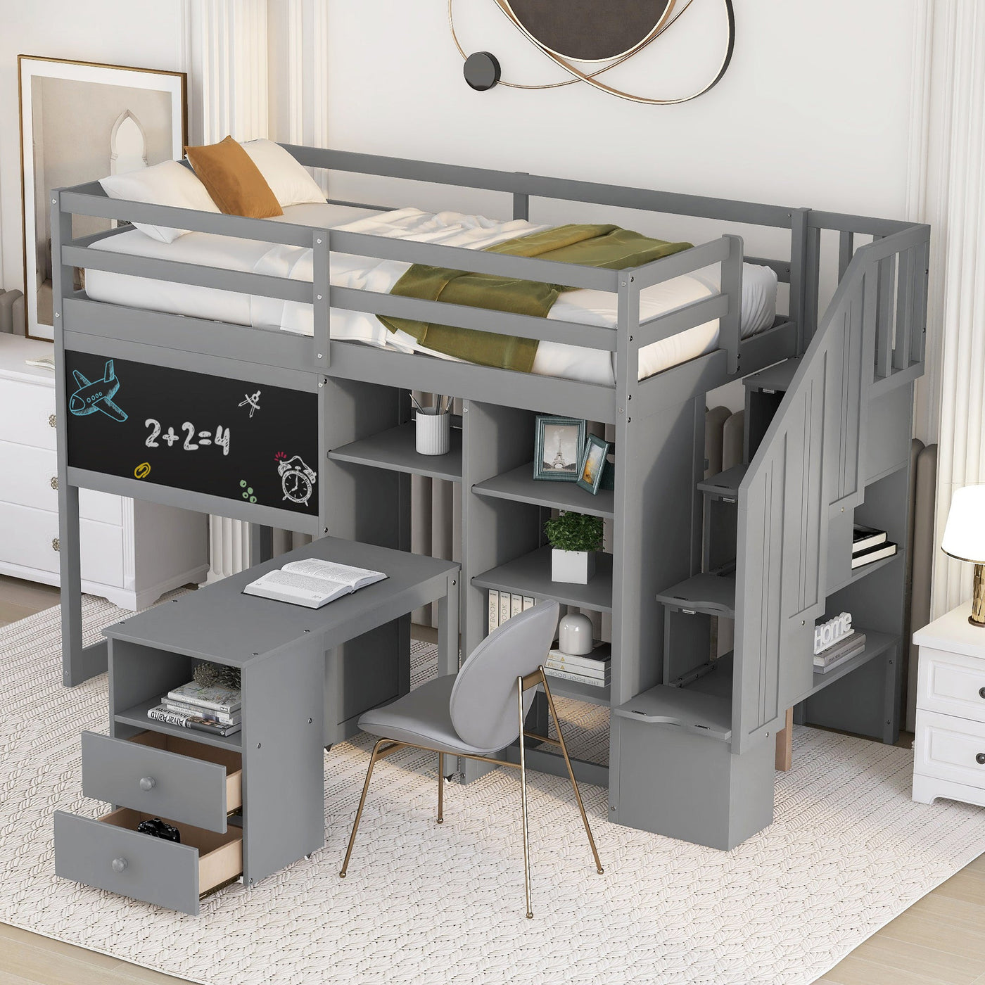 Twin Size Loft Bed With Desk Storage Shelves Staircase Blackboard