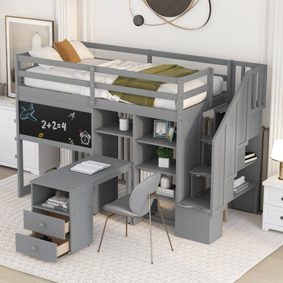 Twin Size Loft Bed With Desk Storage Shelves Staircase Blackboard