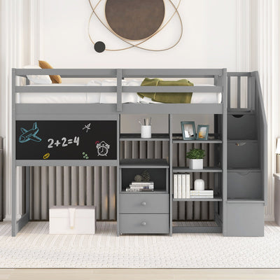Twin Size Loft Bed With Desk Storage Shelves Staircase Blackboard