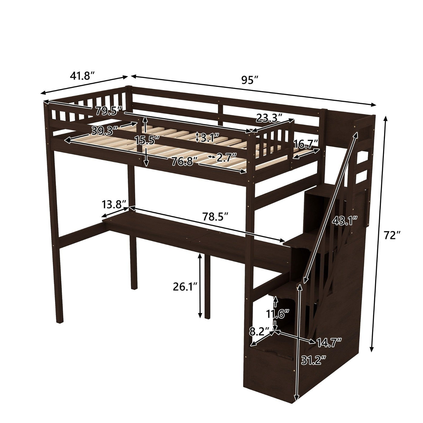 Twin Size Loft Bed With Storage Staircase And Built-In Desk