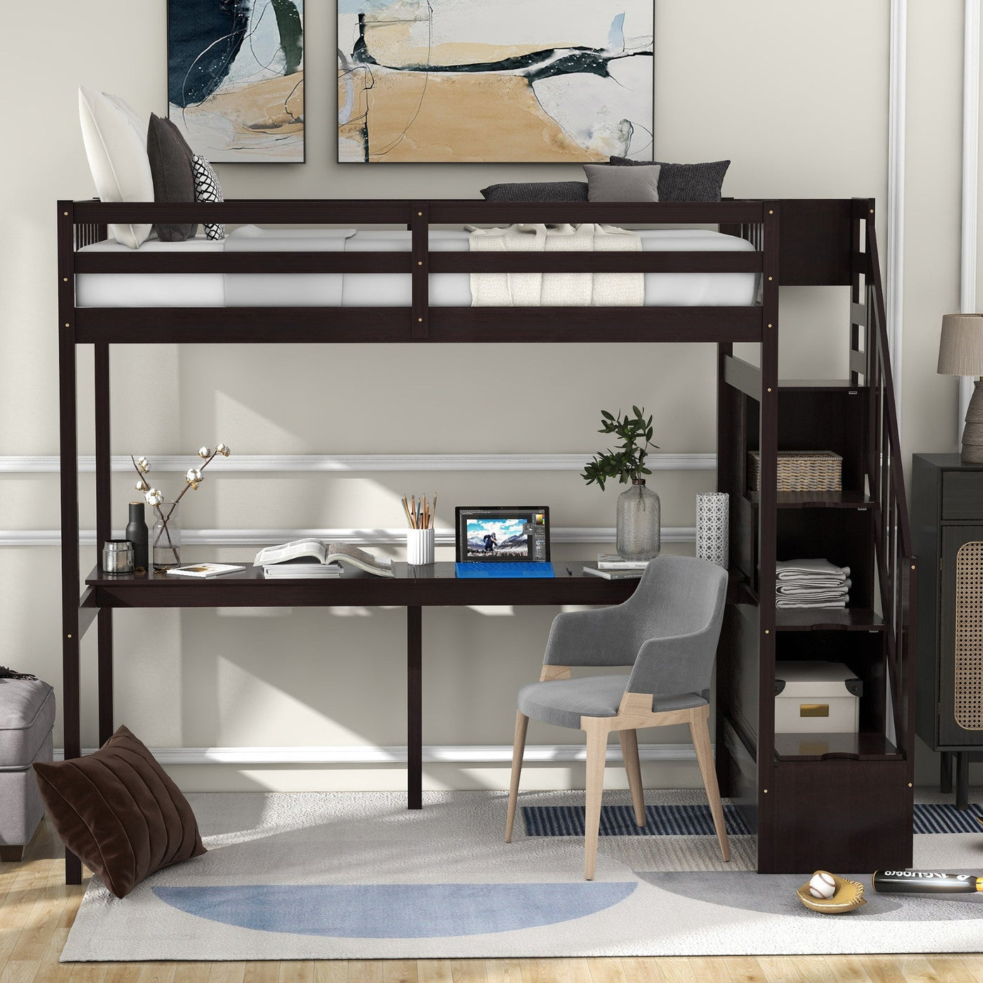 Twin Size Loft Bed With Storage Staircase And Built-In Desk