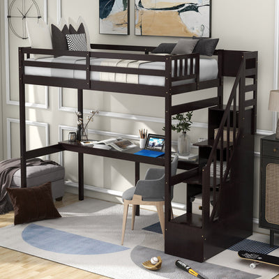 Twin Size Loft Bed With Storage Staircase And Built-In Desk