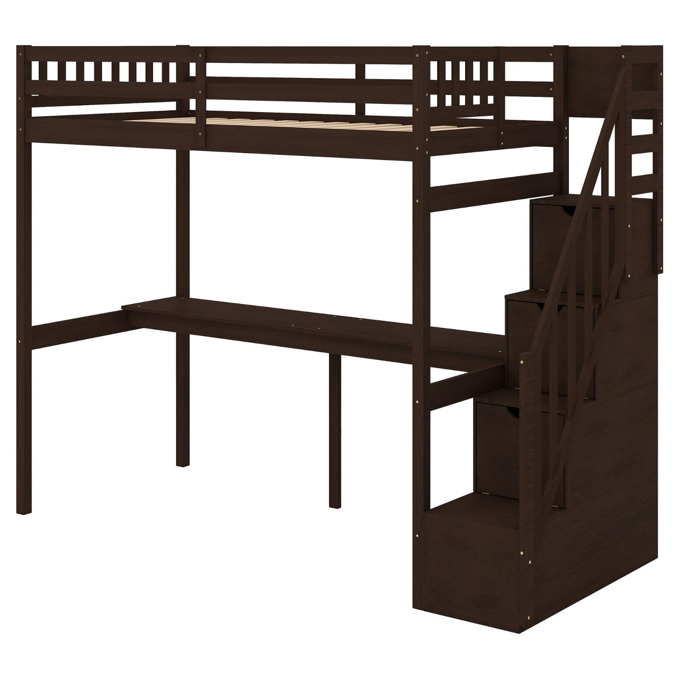 Twin Size Loft Bed With Storage Staircase And Built-In Desk