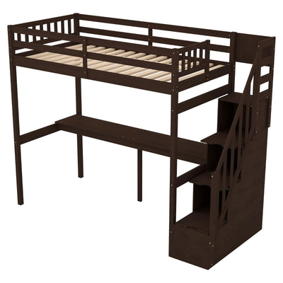 Twin Size Loft Bed With Storage Staircase And Built-In Desk