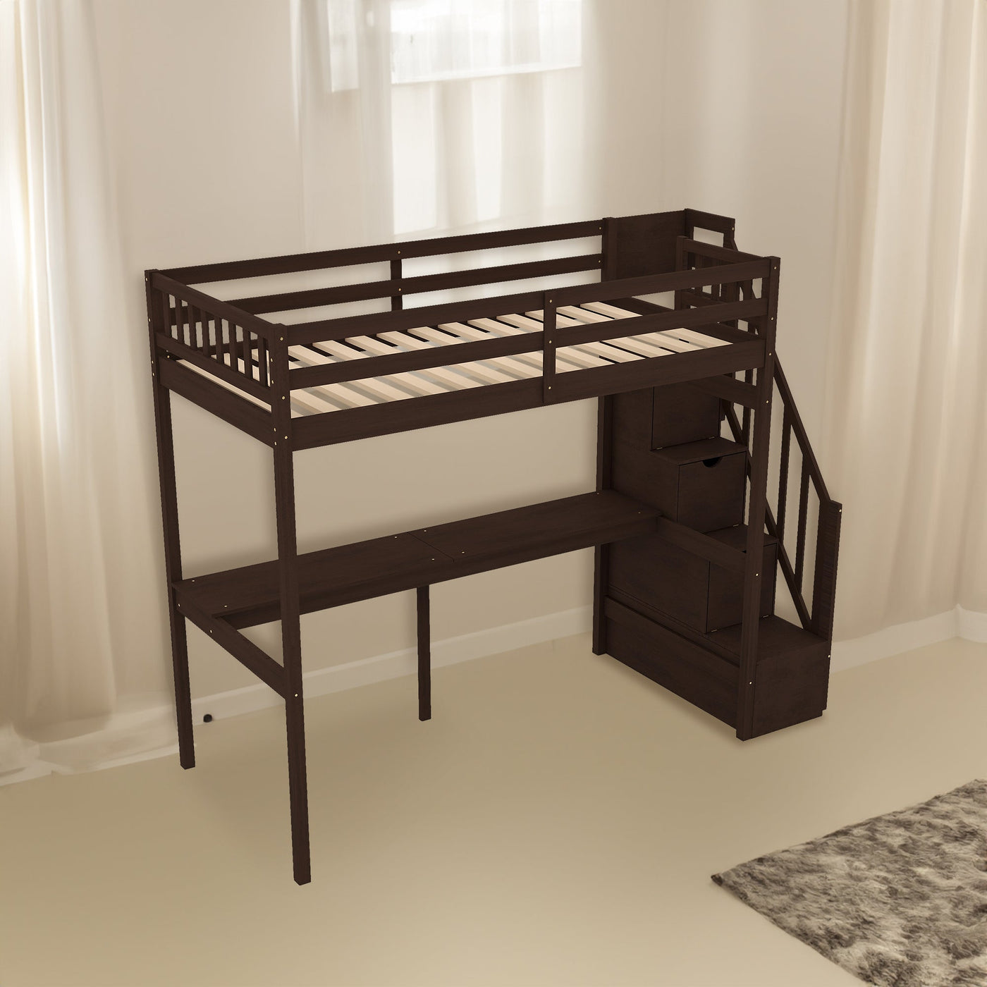 Twin Size Loft Bed With Storage Staircase And Built-In Desk