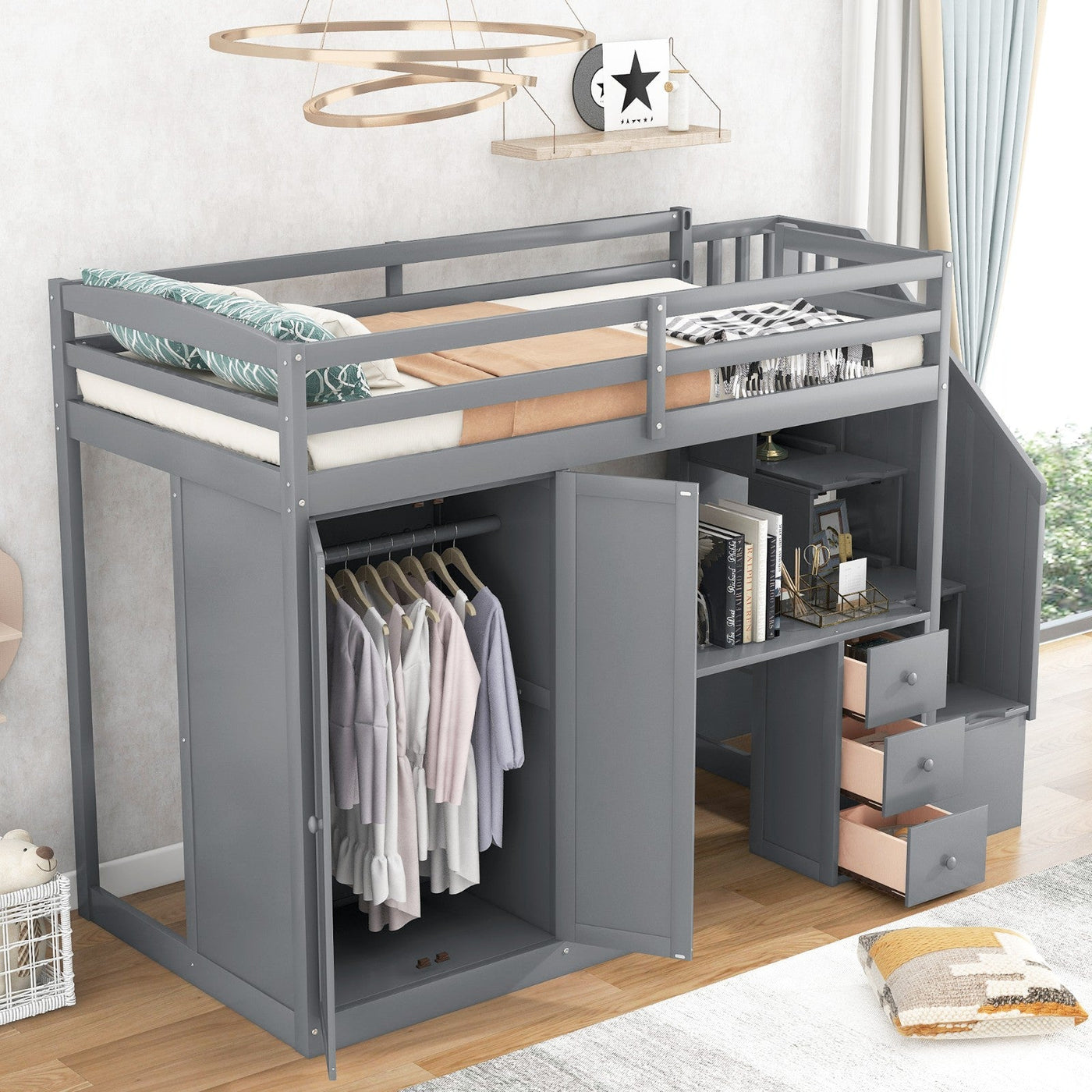 Twin Size Loft Bed With Storage Wardrobe Desk Drawers Cabinet