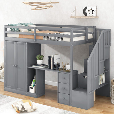 Twin Size Loft Bed With Storage Wardrobe Desk Drawers Cabinet