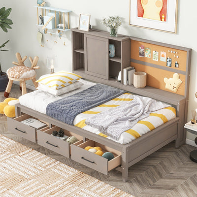 Twin Size Lounge Daybed With Storage Shelves USB Ports Drawers