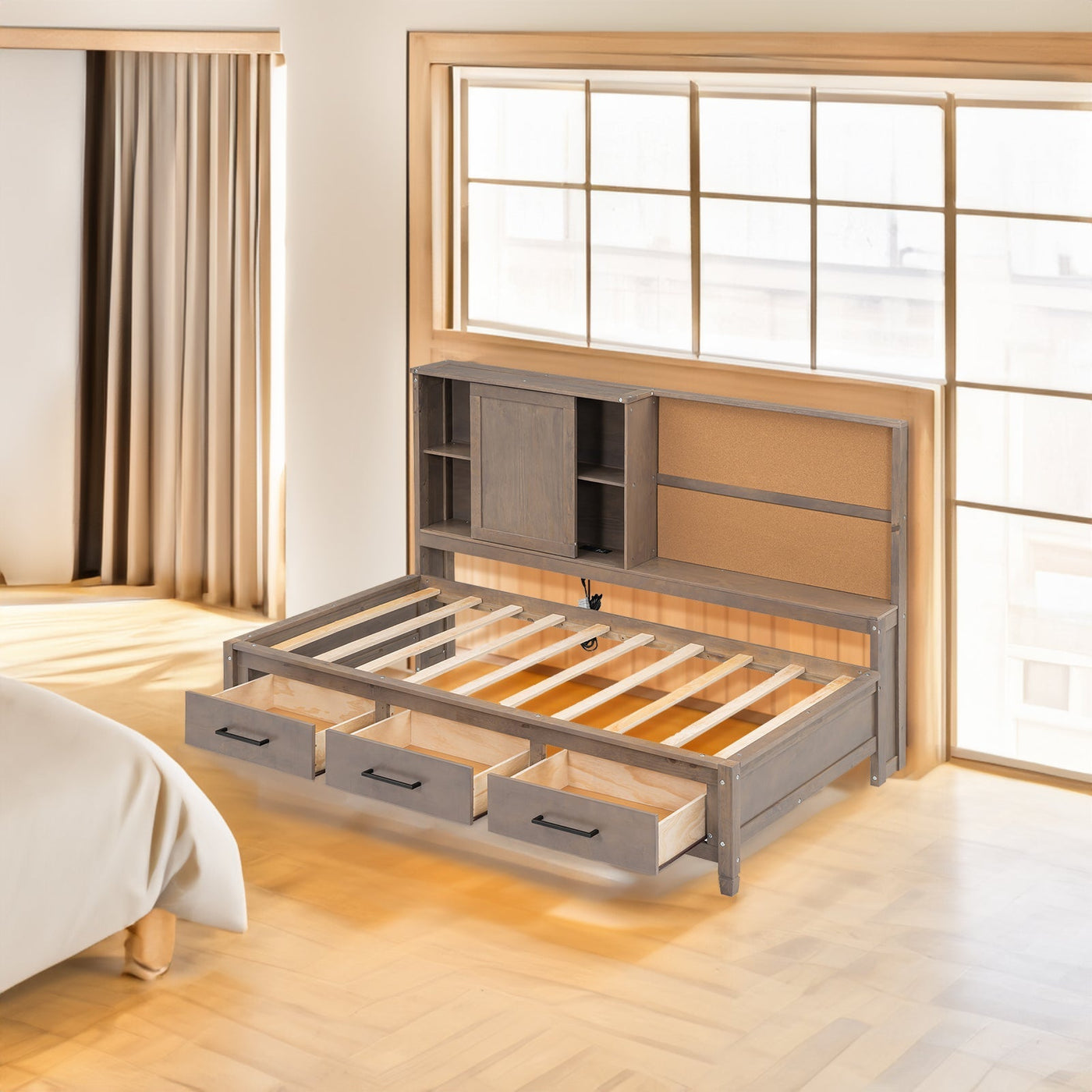 Twin Size Lounge Daybed With Storage Shelves USB Ports Drawers