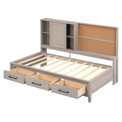 Twin Size Lounge Daybed With Storage Shelves USB Ports Drawers