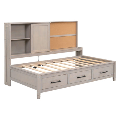 Twin Size Lounge Daybed With Storage Shelves USB Ports Drawers