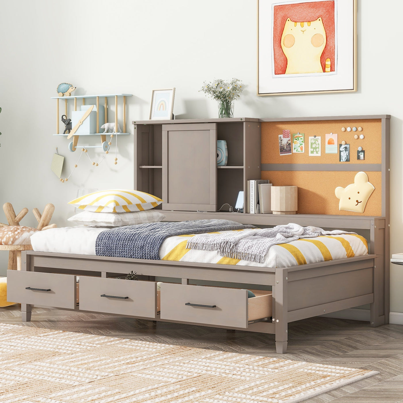Twin Size Lounge Daybed With Storage Shelves USB Ports Drawers