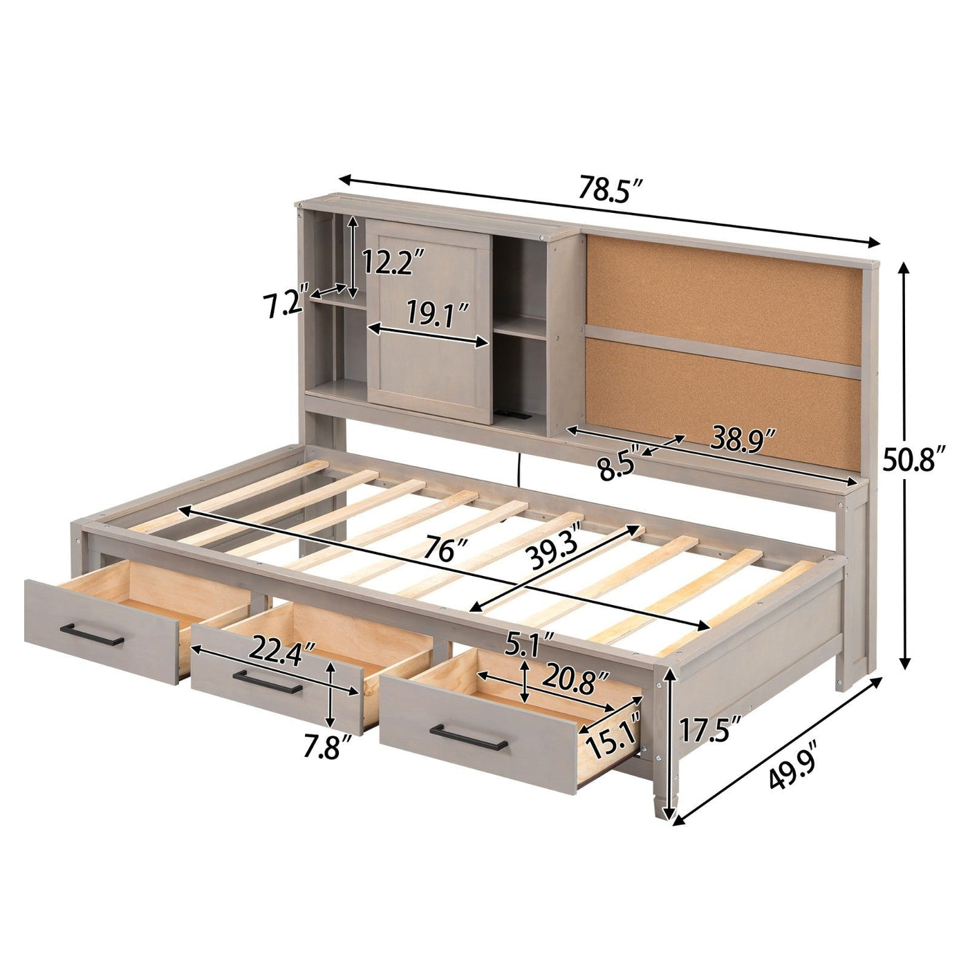 Twin Size Lounge Daybed With Storage Shelves USB Ports Drawers