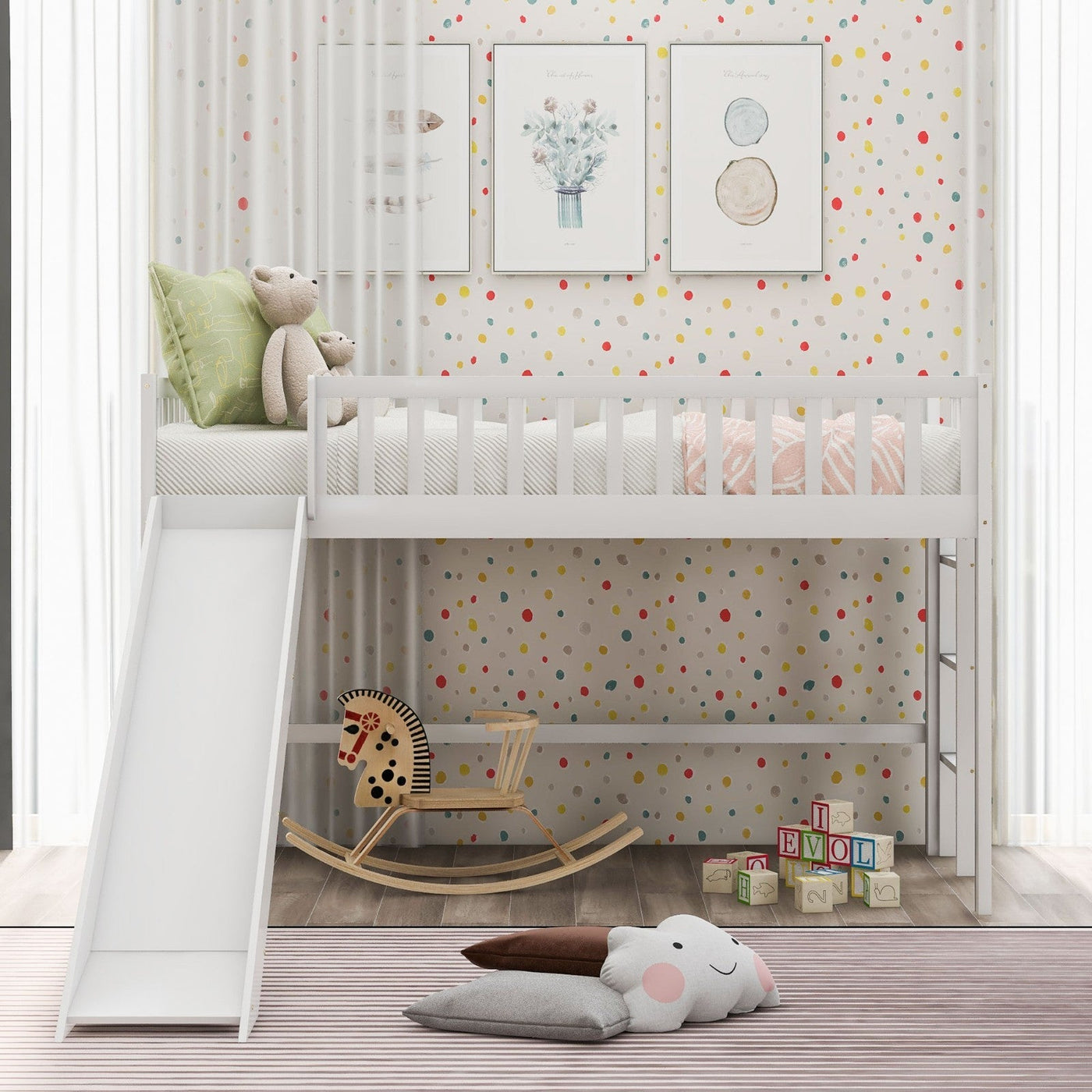 Twin-Size Low Loft Bed With Ladder Slide For Kids Room