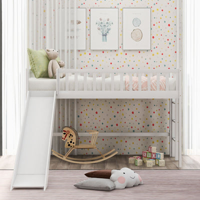 Twin-Size Low Loft Bed With Ladder Slide For Kids Room