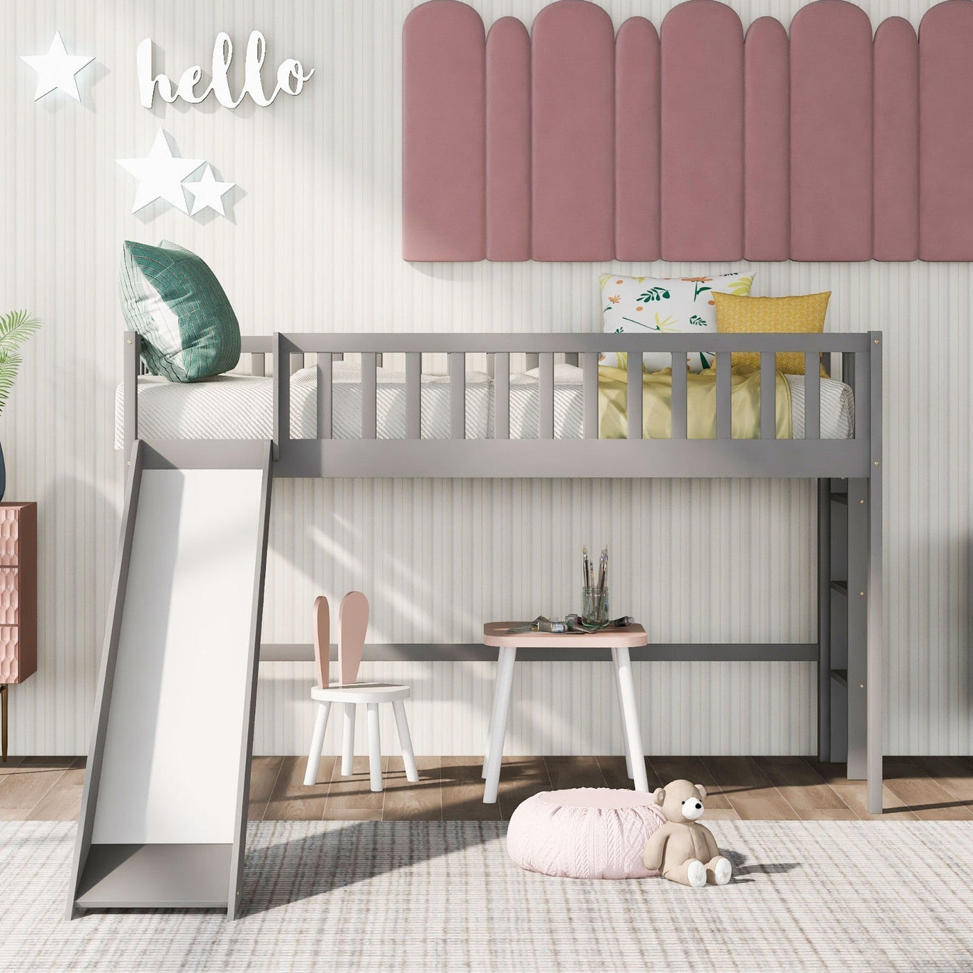 Twin-Size Low Loft Bed With Ladder Slide For Kids Room