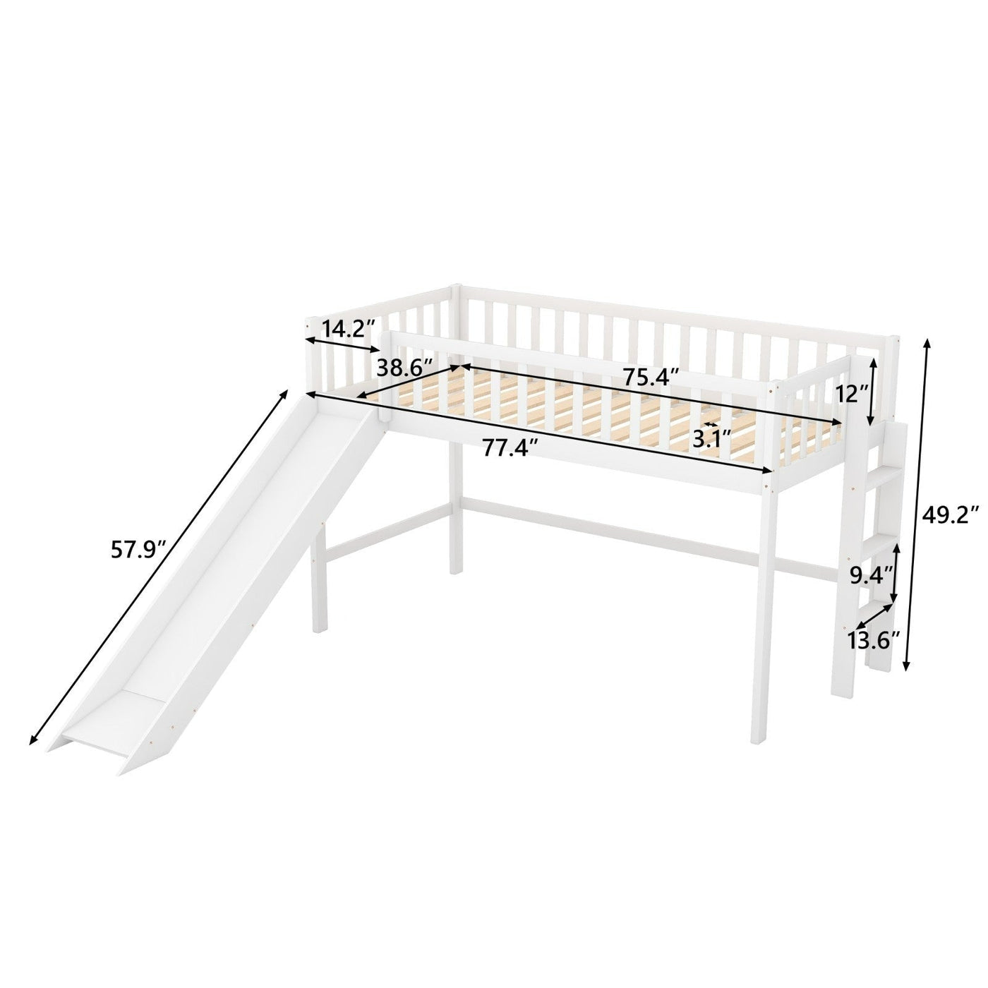 Twin-Size Low Loft Bed With Ladder Slide For Kids Room