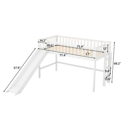 Twin-Size Low Loft Bed With Ladder Slide For Kids Room
