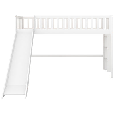 Twin-Size Low Loft Bed With Ladder Slide For Kids Room