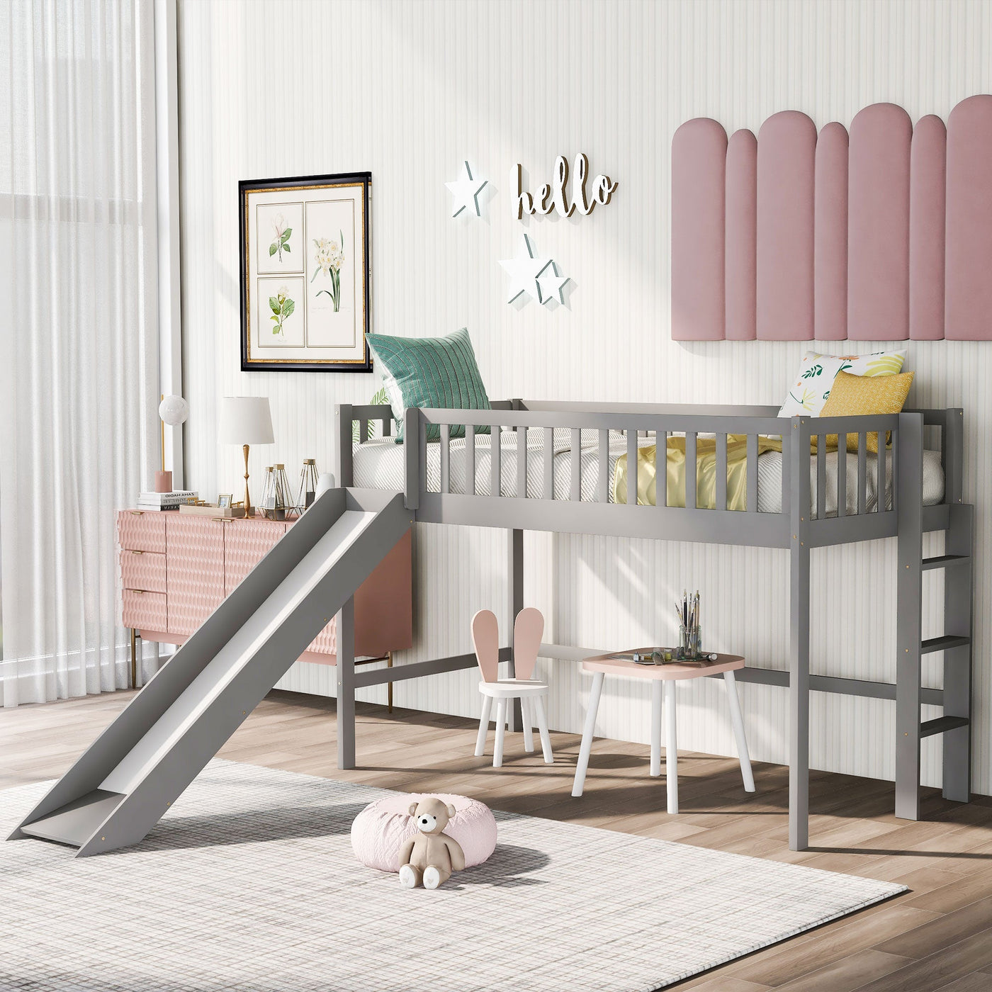 Twin-Size Low Loft Bed With Ladder Slide For Kids Room