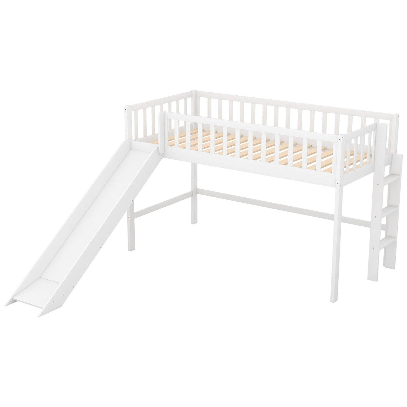 Twin-Size Low Loft Bed With Ladder Slide For Kids Room