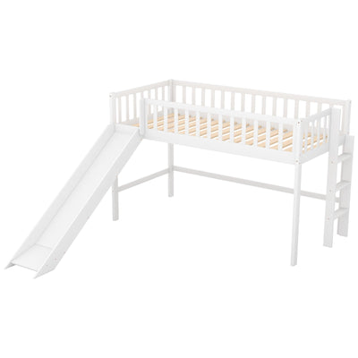 Twin-Size Low Loft Bed With Ladder Slide For Kids Room