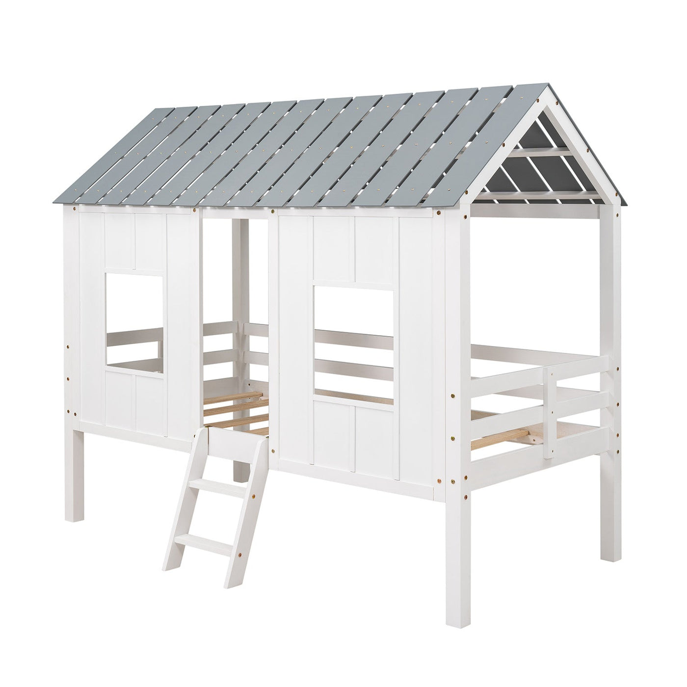 Twin Size Low Loft House Bed With Roof And Two Windows