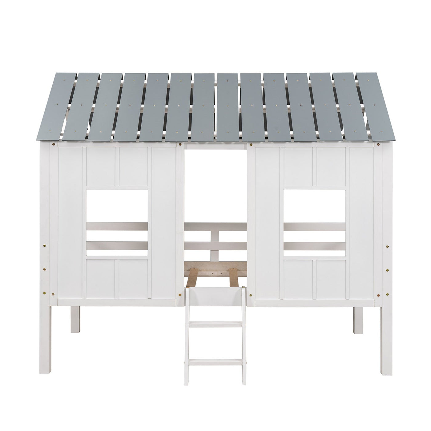 Twin Size Low Loft House Bed With Roof And Two Windows