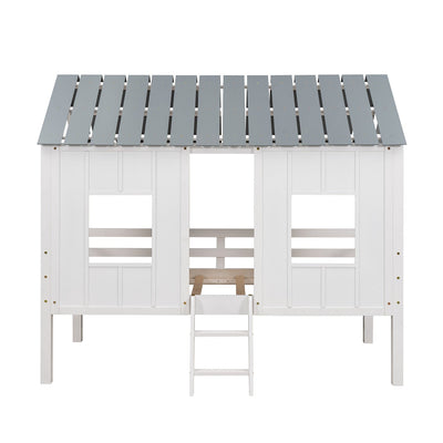 Twin Size Low Loft House Bed With Roof And Two Windows