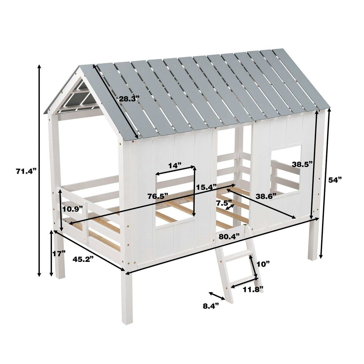 Twin Size Low Loft House Bed With Roof And Two Windows