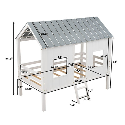 Twin Size Low Loft House Bed With Roof And Two Windows