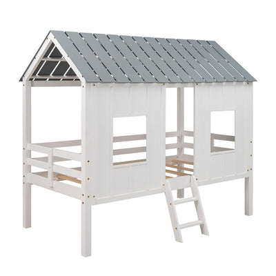 Twin Size Low Loft House Bed With Roof And Two Windows