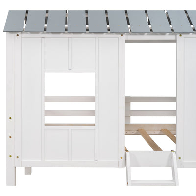 Twin Size Low Loft House Bed With Roof And Two Windows