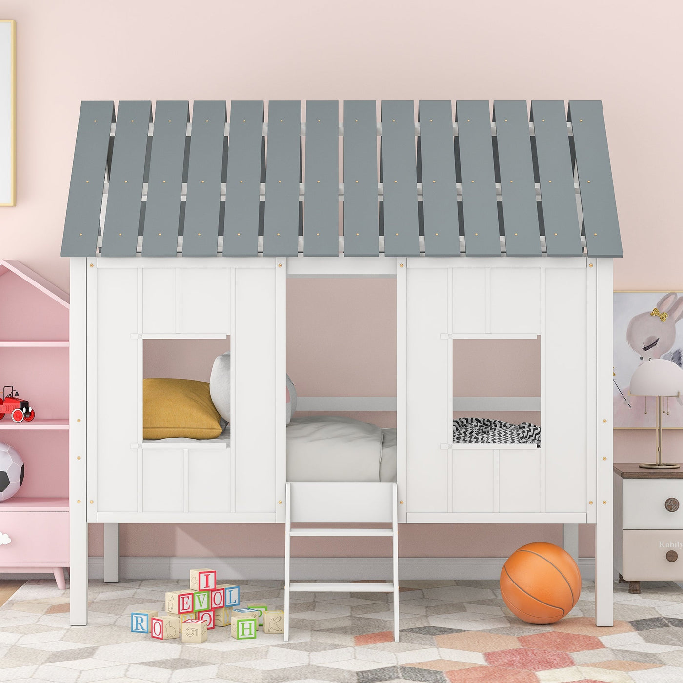 Twin Size Low Loft House Bed With Roof And Two Windows