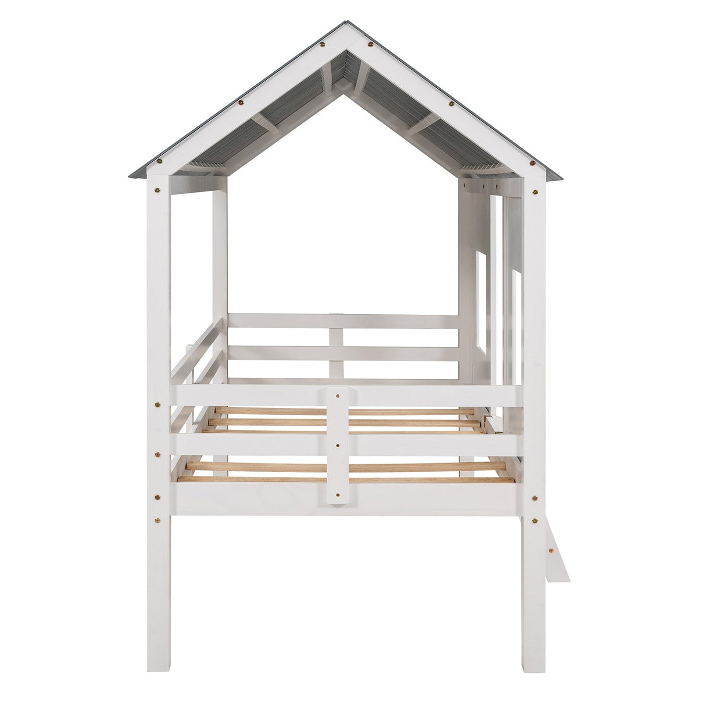 Twin Size Low Loft House Bed With Roof And Two Windows