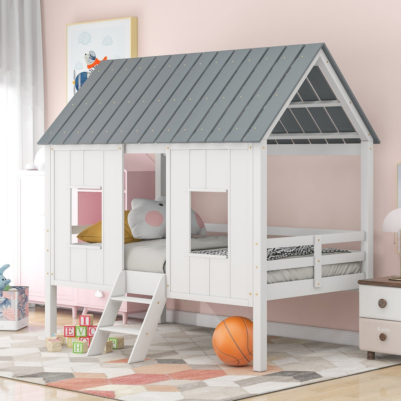 Twin Size Low Loft House Bed With Roof And Two Windows