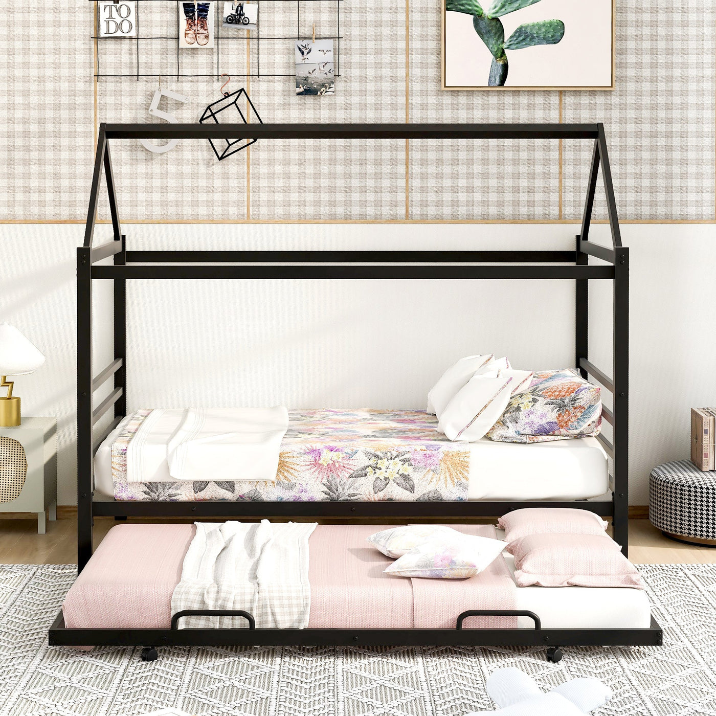 Twin Size Metal Platform Bed With Trundle And House Frame Design